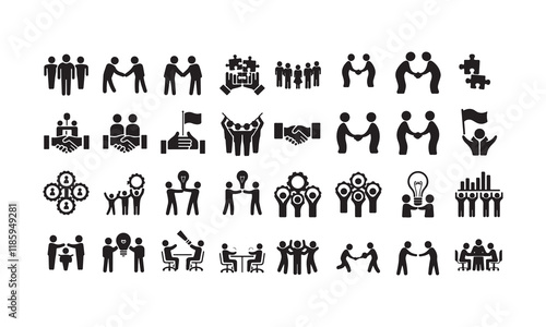 Teamwork and Collaboration Silhouette Icons - Business, Leadership, and Cooperation