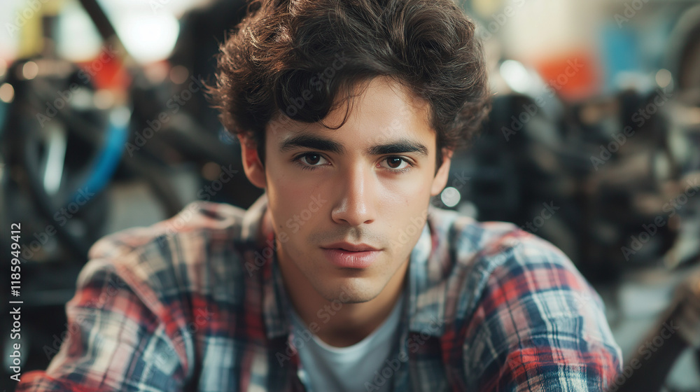 Portrait of young Hispanic man in plaid shirt against urban background. Great for youth culture, casual lifestyle, and urban diversity representation. Portrait of young Hispanic man in plaid shirt against urban background. Great for youth culture, casual lifestyle, and urban diversity representation.
