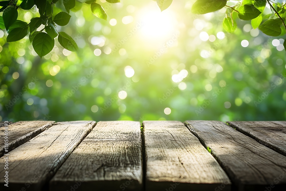 Sunny garden wood table bokeh background Sunny garden wood table bokeh background