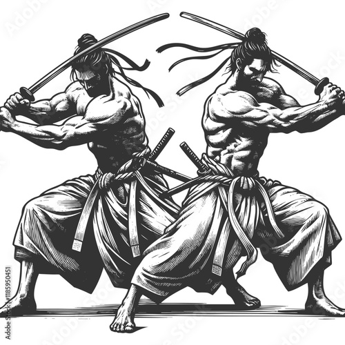 Bushido muscular samurai with katana, showcasing traditional Japanese warrior art sketch engraving generative ai fictional character vector illustration. Scratch board imitation. Black and white image