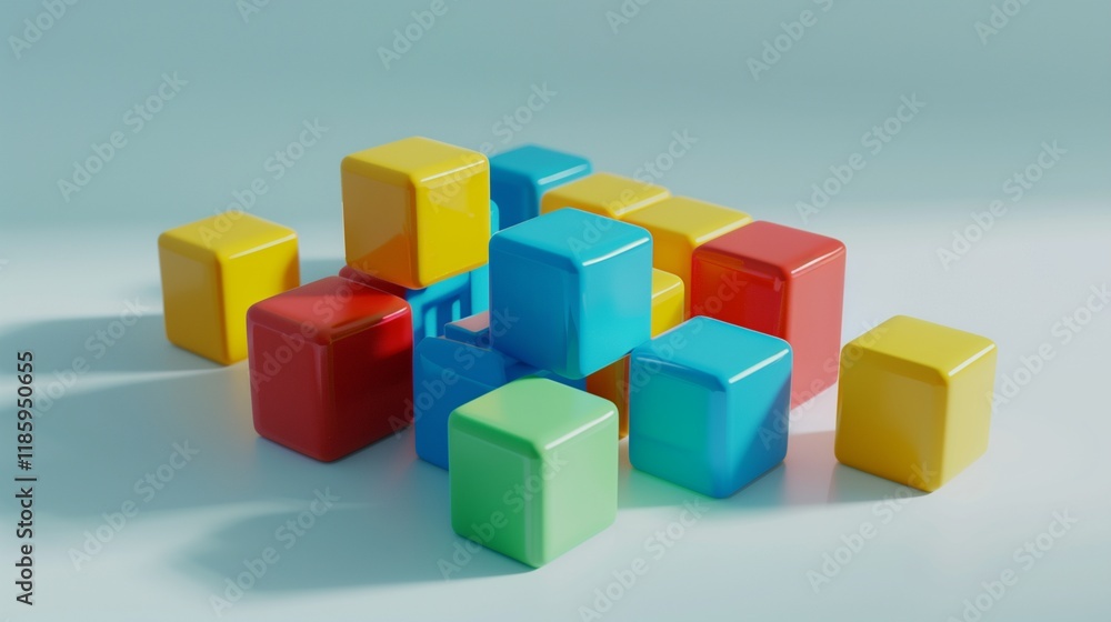 A set of colorful building blocks, isolated on a white surface, arranged in a simple formation. A set of colorful building blocks, isolated on a white surface, arranged in a simple formation.