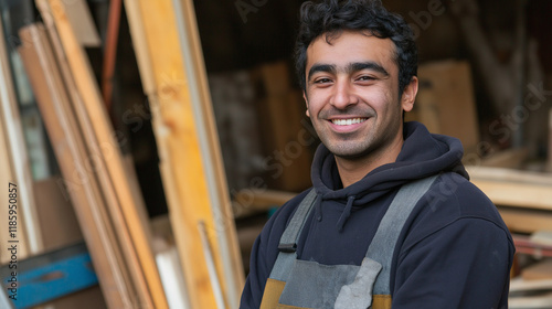 Young Middle Eastern craftsman smiling in woodworking shop. Ideal for skilled trades, artisanal work, and professional craftsmanship representation.
