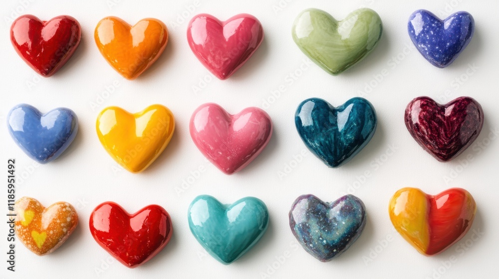 Obraz premium A variety of colorful hearts arranged on a minimalist white background, creating a cheerful Valentine-inspired scene.