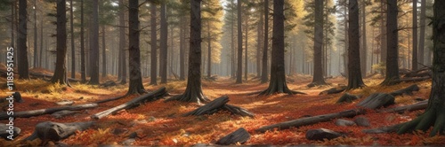 A forest floor covered with a thick layer of fallen autumn leaves amidst towering pine trees, warm light , pine forest photo