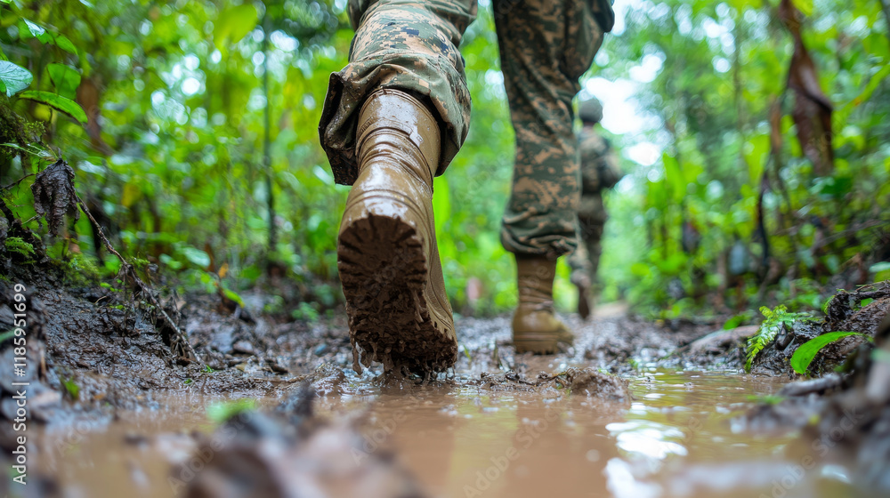 Close up of muddy boots and lower legs of soldier walking through wet forest path, showcasing challenges of navigating through difficult terrain Close up of muddy boots and lower legs of soldier walking through wet forest path, showcasing challenges of navigating through difficult terrain