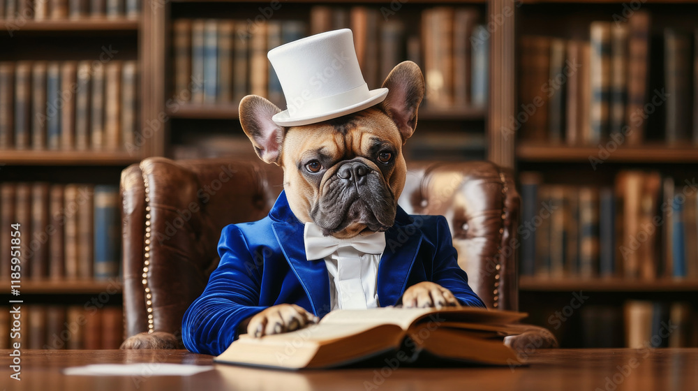 debonair French bulldog in royal blue velvet suit and top hat sits elegantly at library table, exuding charm and sophistication while reading book