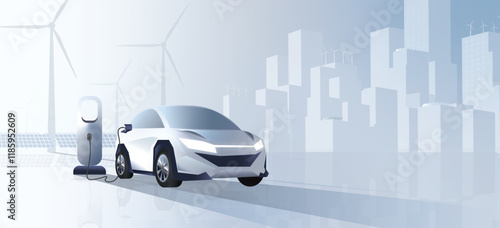 EV car charging vector with environmentally friendly solar panel and wind turbine farm, eco environmental friendly renewable energy resources and modern city landscape background.