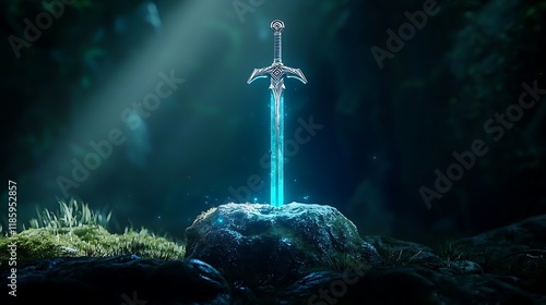 A sword is lit up in the dark, with a blue glow