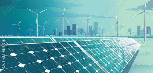 Solar cell power panel vector landscape with wind powered wind turbine and smart city background.
