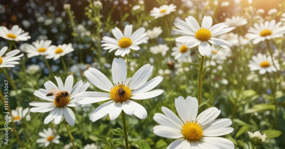 Obraz premium A group of honey bees flying towards a bright white flower in a sunny garden, garden, landscape, meadow