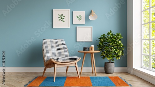 Mockup frame concept. A bright, modern living space featuring a patterned chair, side table, plant, and artwork on the wall.