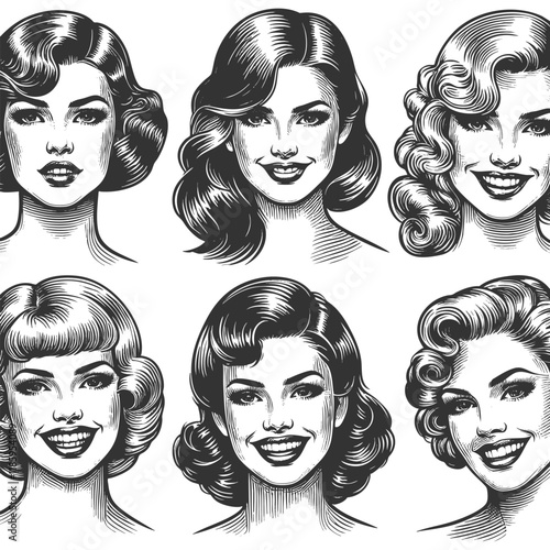 Set of women portraits, classic hairstyles and expressions in retro art style sketch engraving generative ai fictional character vector illustration. Scratch board imitation. Black and white image.