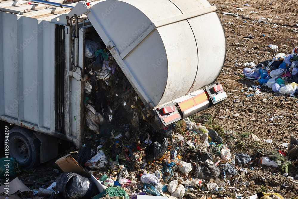 Truck unloading garbage on an open air dump. Waste treatment