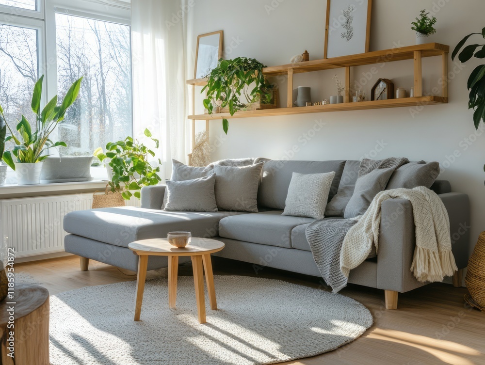 Fototapeta premium Sunlit Living Room Featuring Grey Sofa and Plants