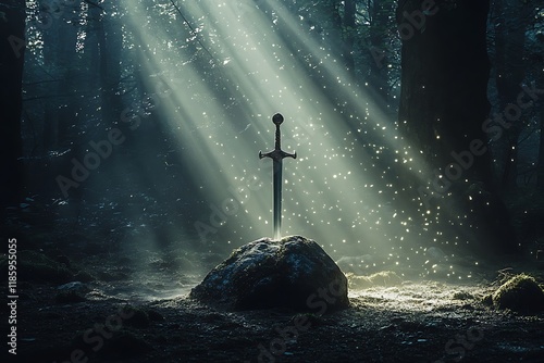 Sword in the forest with rays of light