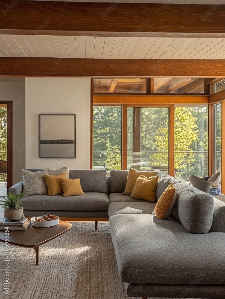 Fototapeta premium Modern sectional sofa in a sunlit living room with wooden beams