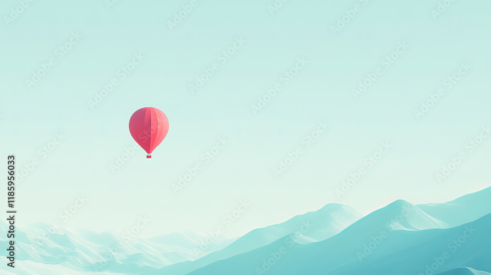 Obraz premium A red hot air balloon drifts gracefully over a mountainous landscape beneath a soft pastel sky, evoking a serene and ethereal ambiance.