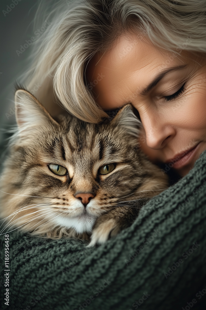 Tender moment between an elegant senior woman and her fluffy tabby cat, showcasing a deep bond of love and comfort Tender moment between an elegant senior woman and her fluffy tabby cat, showcasing a deep bond of love and comfort