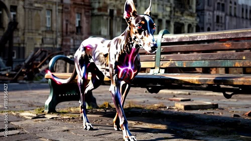 Cybernetic fighting Greyhound Dog. The body half consisting of metal elements is intertwined with neon. photo