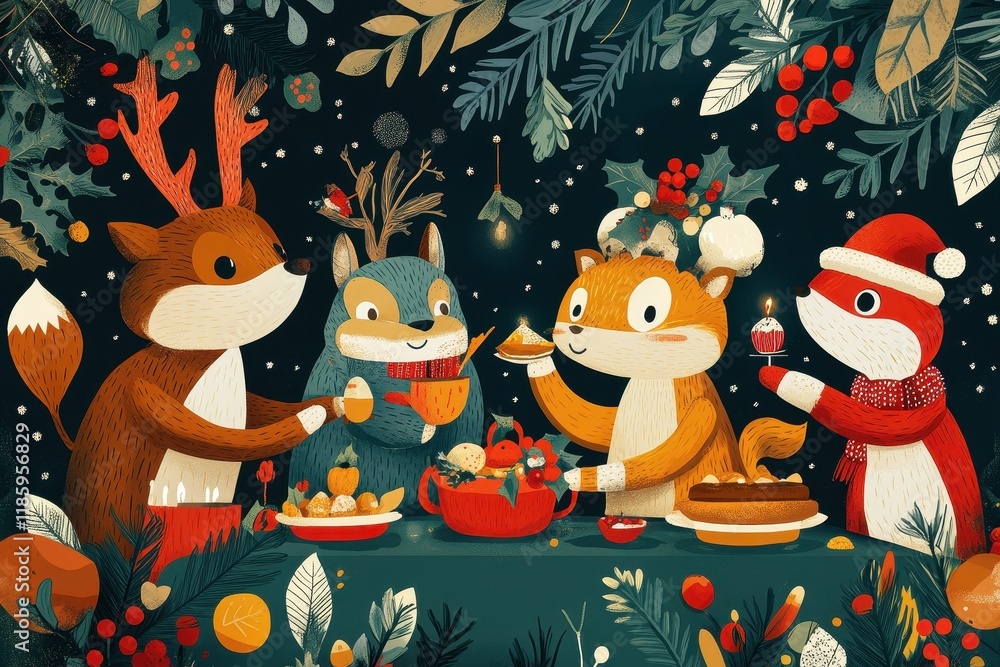 Fototapeta premium Festive Woodland Creatures Enjoying A Christmas Feast