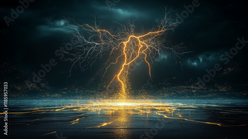 Digital Illustration of a Glowing Yellow Lightning Bolt with Orange Hue on Dark Background – Powerful and Dramatic Electric Design