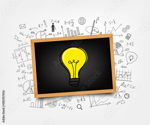 Mathematical equations and formulas around the light bulb on gray background - vector illustration. Science.
