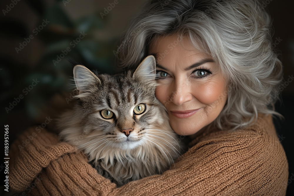 Loving gaze of a senior as they hold their cat in a cozy living room Loving gaze of a senior as they hold their cat in a cozy living room