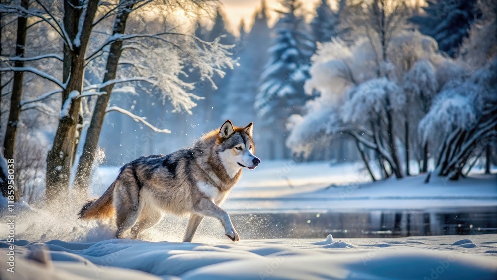 Naklejka premium A dramatic shot of a wolf's back as it runs through a snow-covered forest glade with bare branches and frozen lakes in the background, outdoors, forest