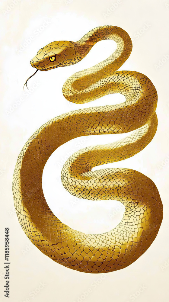 Obraz premium Golden Dragon or Golden Snake illustration design, minimalist, graphic design, clear scales, writhing body, white background, gold foil paper brush marks