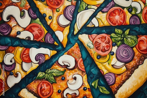 a painting of a pizza with different toppings photo