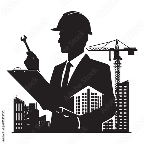 Architect Silhouette Vector Illustration, Solid White Background.