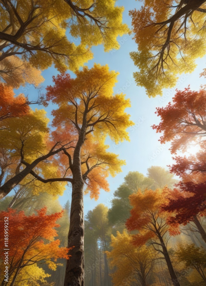 Obraz premium a forest canopy with a mix of autumn colors and tree shapes, changing seasons, fall colors, autumn leaves