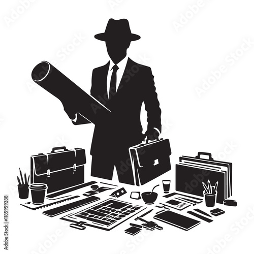 Architect Silhouette Vector Illustration, Solid White Background.
