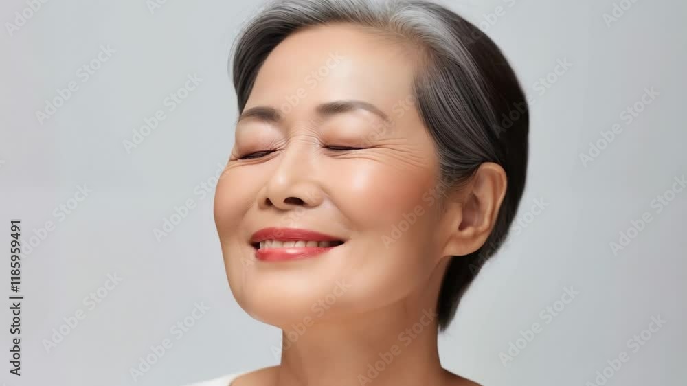 Close-up of a serene woman with gray hair, radiant skin, a soft smile, and closed eyes in natural light Close-up of a serene woman with gray hair, radiant skin, a soft smile, and closed eyes in natural light