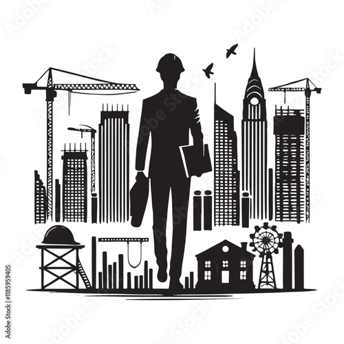 Architect Silhouette Vector Illustration, Solid White Background.