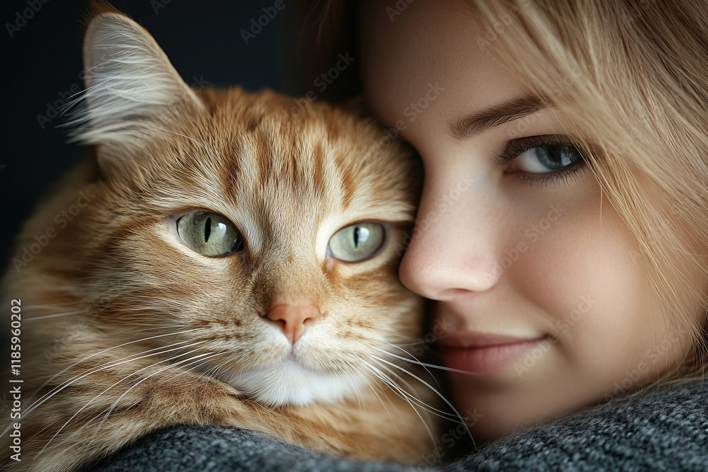 Close-up of a serene woman and her tabby cat sharing a peaceful cuddle Close-up of a serene woman and her tabby cat sharing a peaceful cuddle