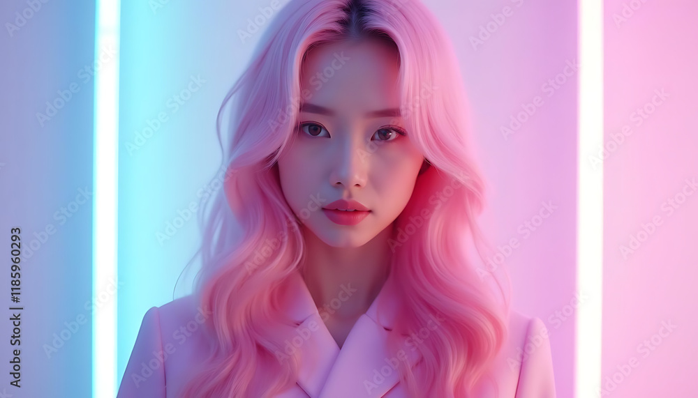 Young pretty Asian woman with glitter make-up wearing sporty fashion, model posing isolated on a colorful modern pink and blue background, k-pop style Young pretty Asian woman with glitter make-up wearing sporty fashion, model posing isolated on a colorful modern pink and blue background, k-pop style