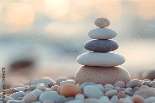 Beach sunset zen stones stack serenity meditation photo