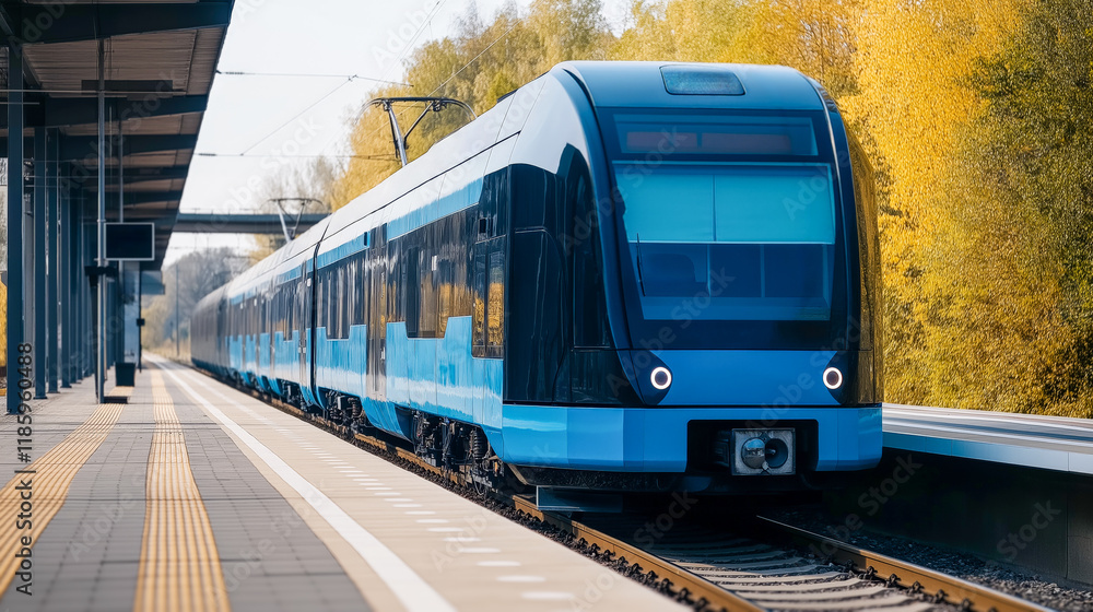 Naklejka premium Blue train on the platform of a railway station in the countryside.