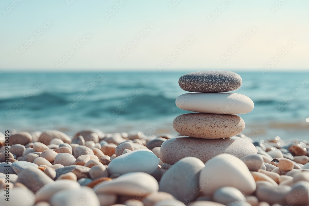 Beach stones stacked, ocean background, serenity, calm Beach stones stacked, ocean background, serenity, calm
