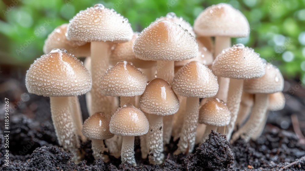 Fresh Mushrooms with Dew Drops on Soil in Natural Setting Fresh Mushrooms with Dew Drops on Soil in Natural Setting