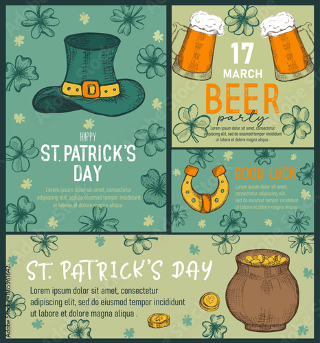 Set of trendy templates for Happy St Patrick's day with clovers, leprechaun hat, beer mugs. Great for invitation, greeting cards, flyers, banners and posters. Vector illustration