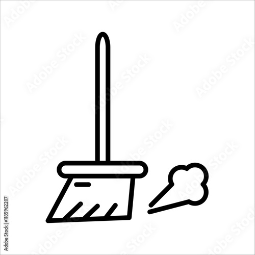 Thin Outline Icon Broom, Besom or Short Brush of Bound Straw Near a Pile of Garbage. Such Line sign as Cleaning Garbage, Cleanup, Sweeping. Vector Computer Pictograms White Background Editable Stroke.