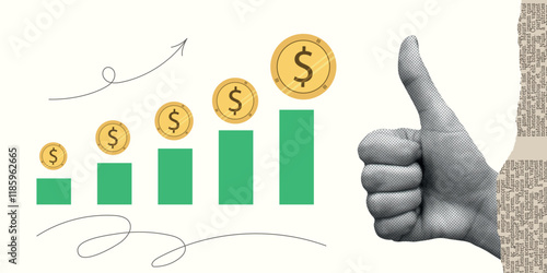 Contemporary Halftone Collage Hand for investments concept, marketing, trading. Online Stock banner with finance elements, coins, money. Vertical invest or business poster. Vector illustration.
