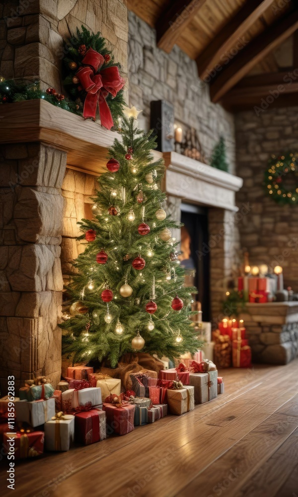 Obraz premium A beautifully decorated Christmas tree sits atop a wooden mantel in front of a large stone fireplace with presents surrounding it , presents, cozy interior, stacked presents