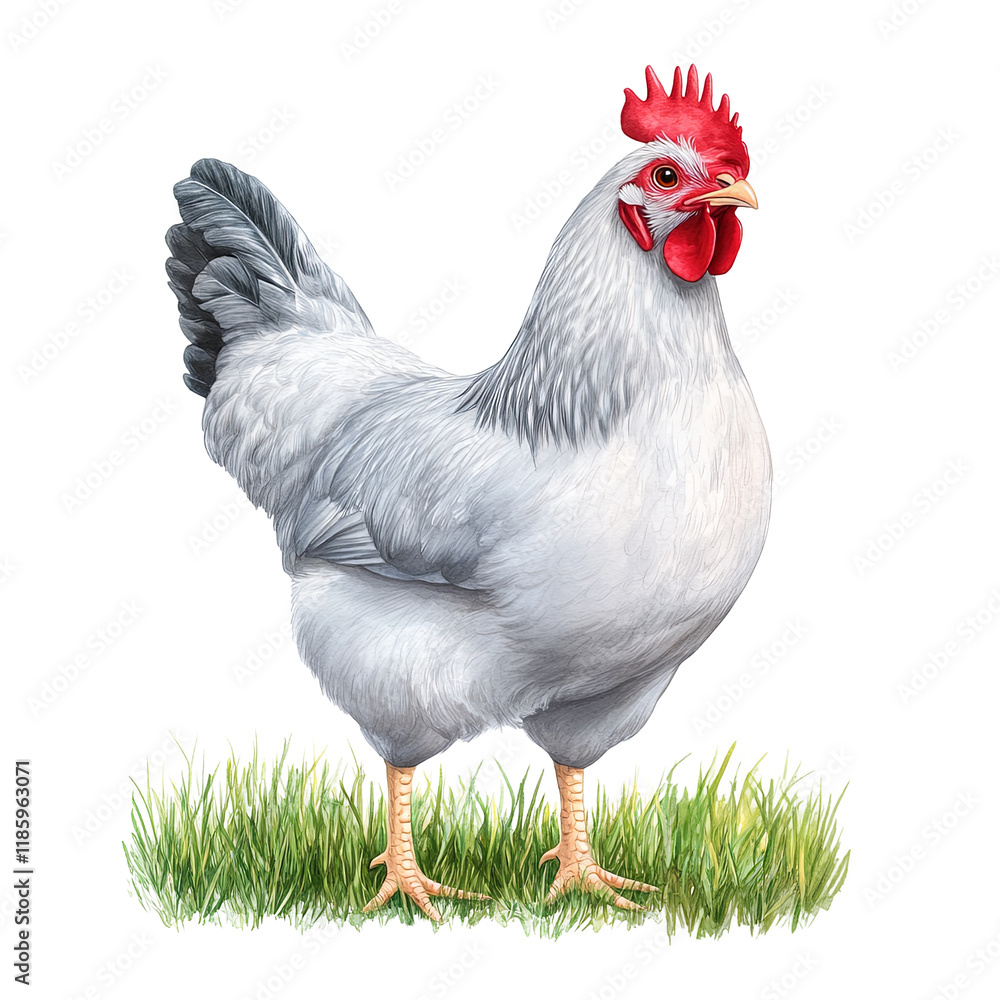 Fototapeta premium Illustration of a white chicken standing on green grass isolated on a transparent background