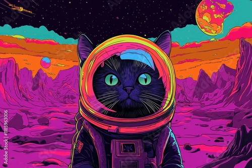 Astronaut Cat Explores Vibrant Alien Planet Landscape photo