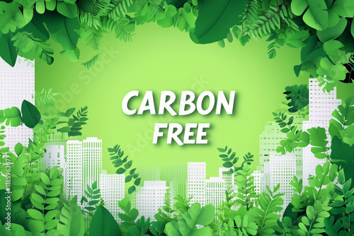 Sign Carbon Free on green background with green plants and white city buildings. photo