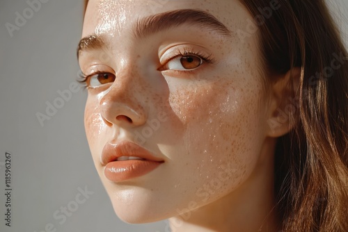 A beautiful woman with wet and shiny face with few wreckles, young glowing skin, no make up photo