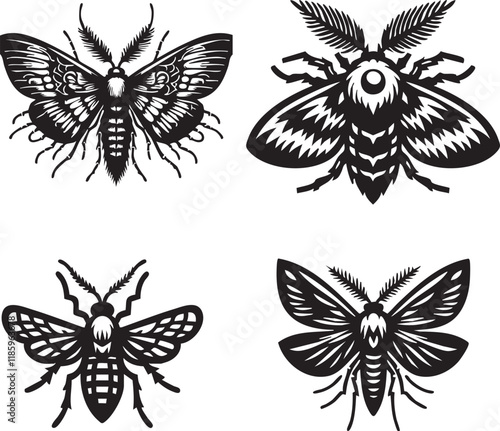 "Detailed and Intricate Set of Silhouettes of the Moth Spider Showcased in Black and White Monochrome Art Style on a Pristine White Background"